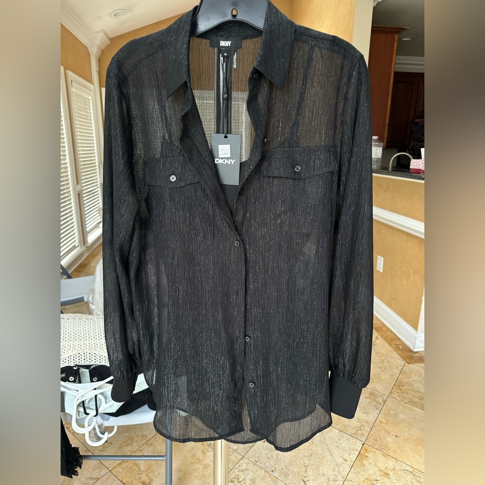 DKNY sparkly Sheer Black Blouse